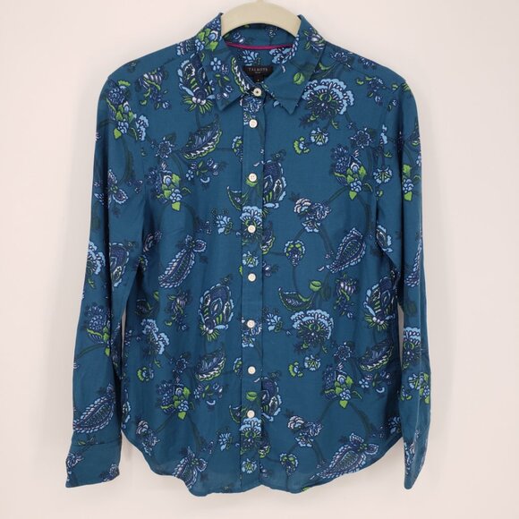 Talbots Floral Paisley Button Down Shirt XSP Womens Long Sleeves Teal Green Blue - Picture 1 of 9